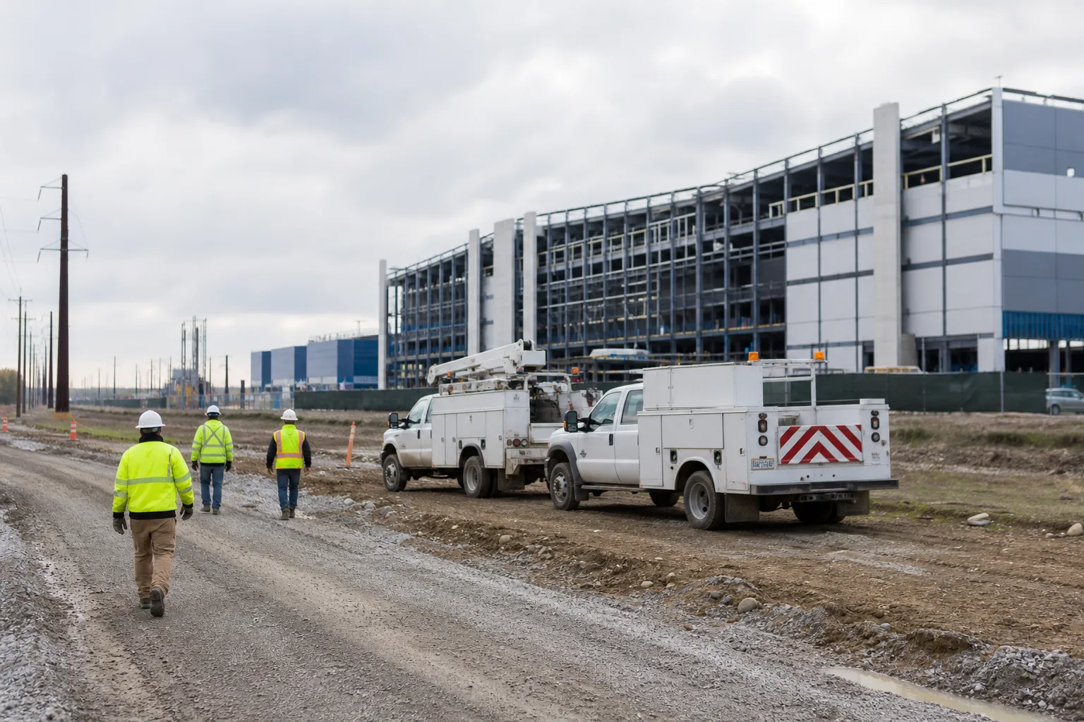 Un centro de datos en construcción junto a terreno abierto y vehículos de servicio estacionados